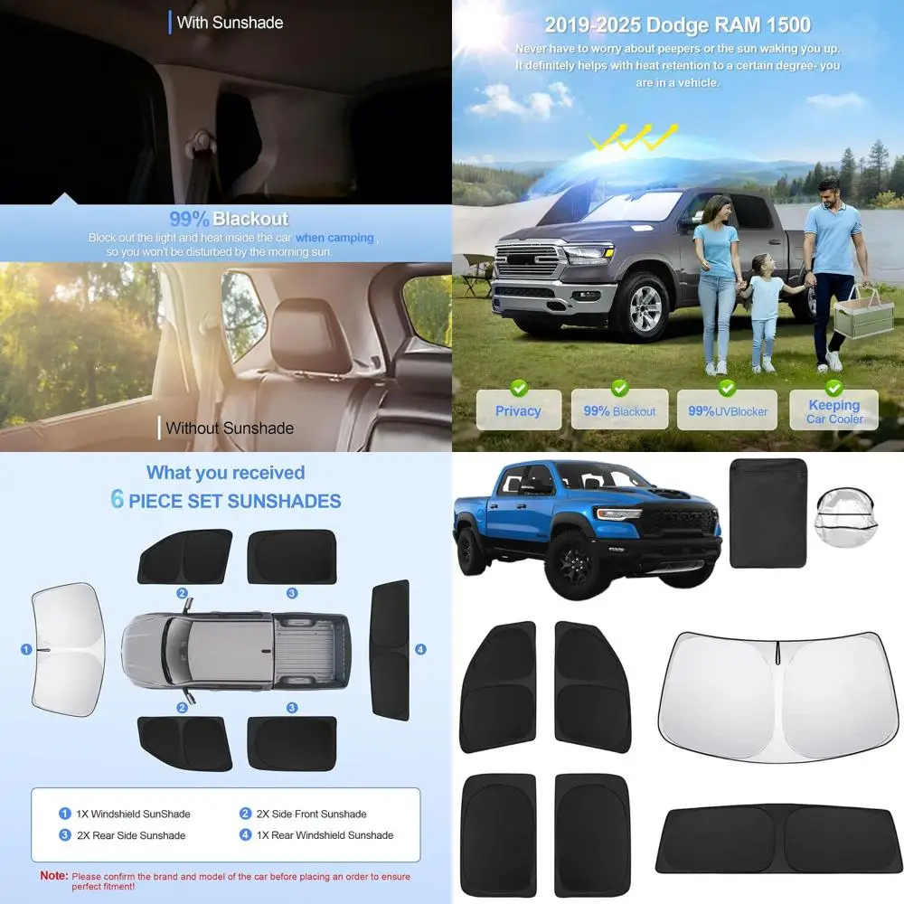Dodge RAM 1500 2019-2025 مظلات نافذة السيارة بالحجم الكامل، حماية من الأشعة فوق البنفسجية، الخصوصية، مثالية للتخييم وفي الهواء الطلق