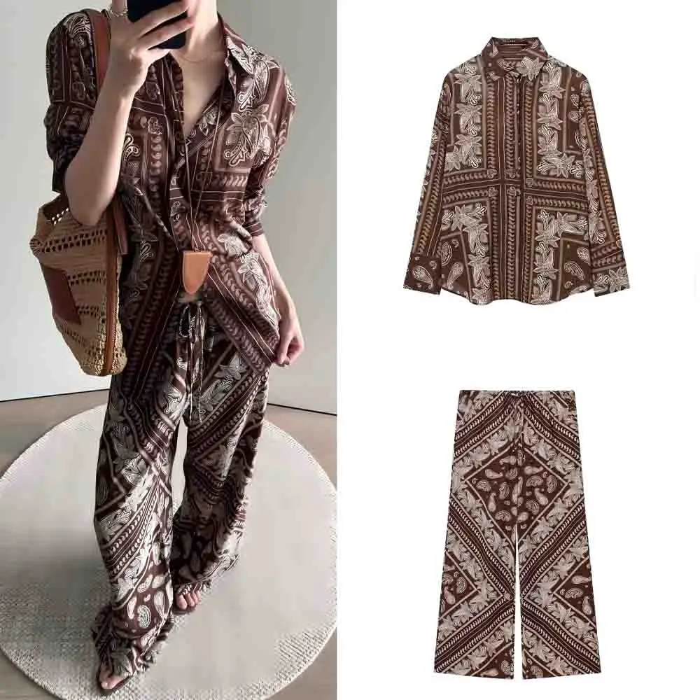 

Women's New Fashion Loose Satin Texture Printed Cotton Shirt Retro Long Sleeve Button-up Women's Shirt chic Top+Pants suit
