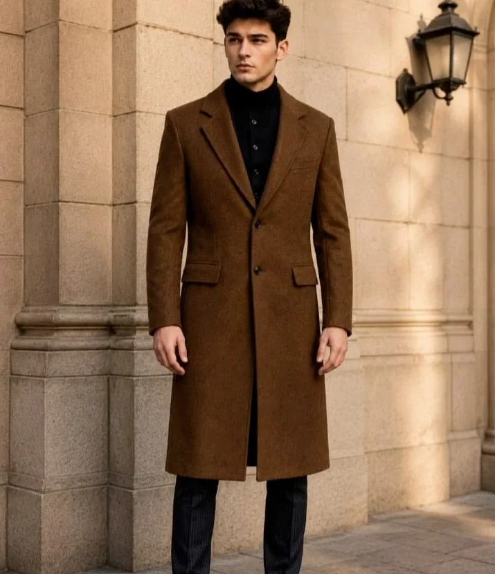 Men Brown Wool Long Overcoat Notch Lapel Single Breasted Knee Length Vintage Winter Business Outerwear Tailored Coat Customized