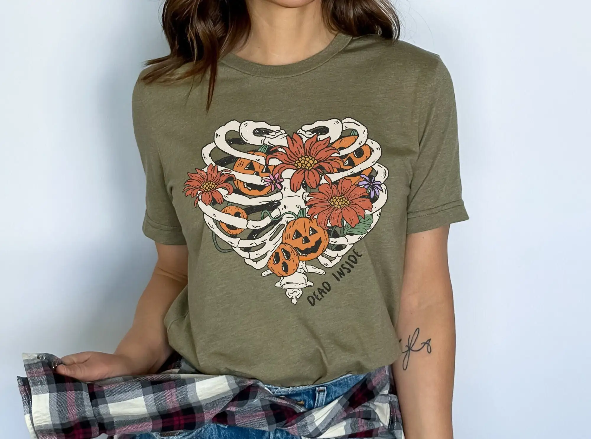 Dead Inside Fall Floral T Shirt Spooky Season Women'S Halloweeny Cute Pumpkin Ribcage Bone Halloween Apparel Witchy