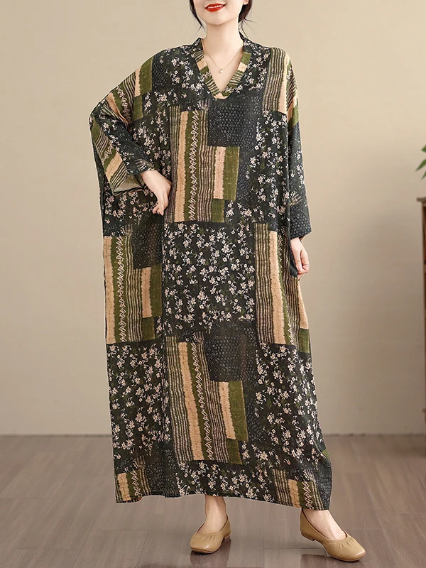 ربيع 2026 المرأة القطن لين دكتور V-Ne السفر الطويل عادية Sle الأزهار طباعة عطلة جوية فضفاضة الخصر تسعة Sve