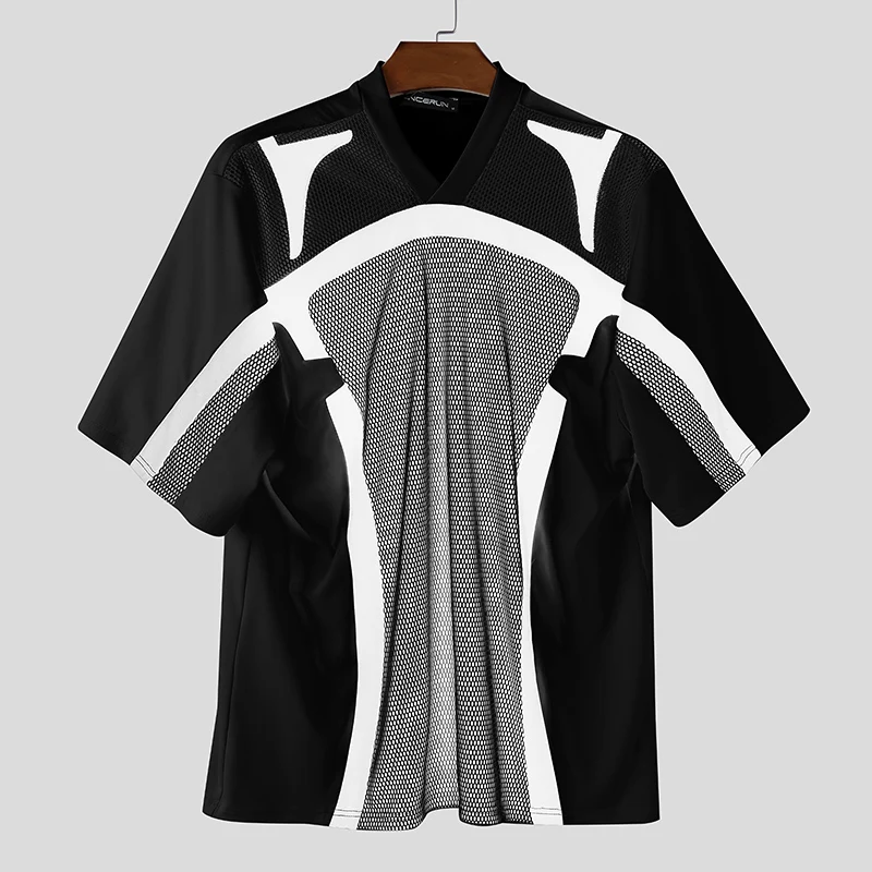 INCERUN Men T Shirt Patchwork V Neck Short Sleeve Casual Male Tee Tops Streetwear Loose Color-block Fashion Men Clothing S-5XL