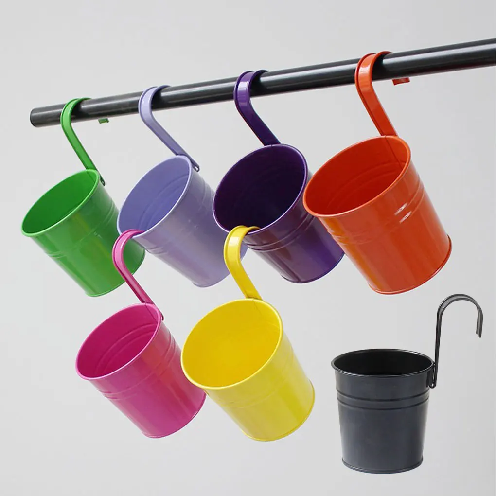 4X Black Metal Hanging Flower Pots with Detachable Hook Storage Bucket Iron Planter Outdoor Indoor Fence Balcony