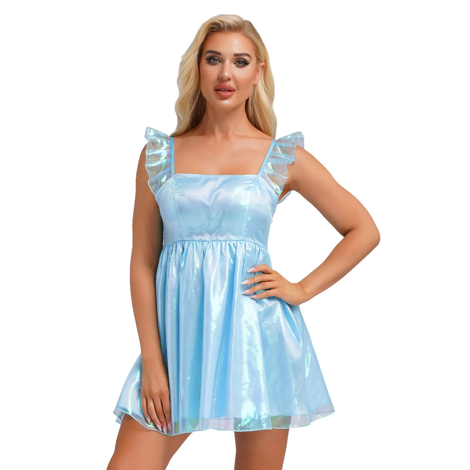 Women Ruffle Sleeve Puffy Dress Shiny Tutu Princess Dress Sparkly Flare A-line Mini Dress Cocktail Party Rave Dance Club Wear