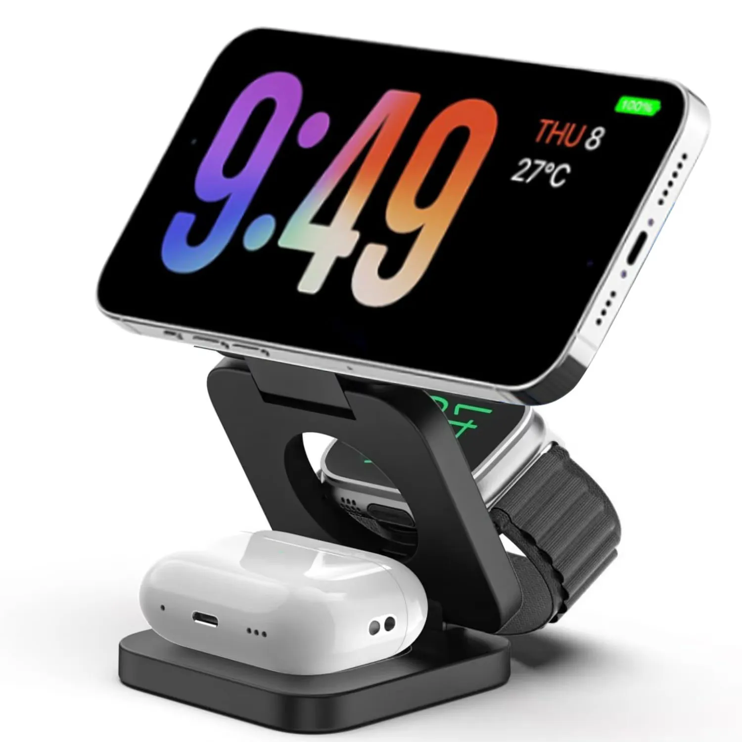 

Складное беспроводное зарядное устройство, магнитная зарядка 3 в 1, для iPhone 17/16/15/14/13/12 Apple Watch 10/9/8/7/6/5/4/3/SE Airpods3/2/Pro