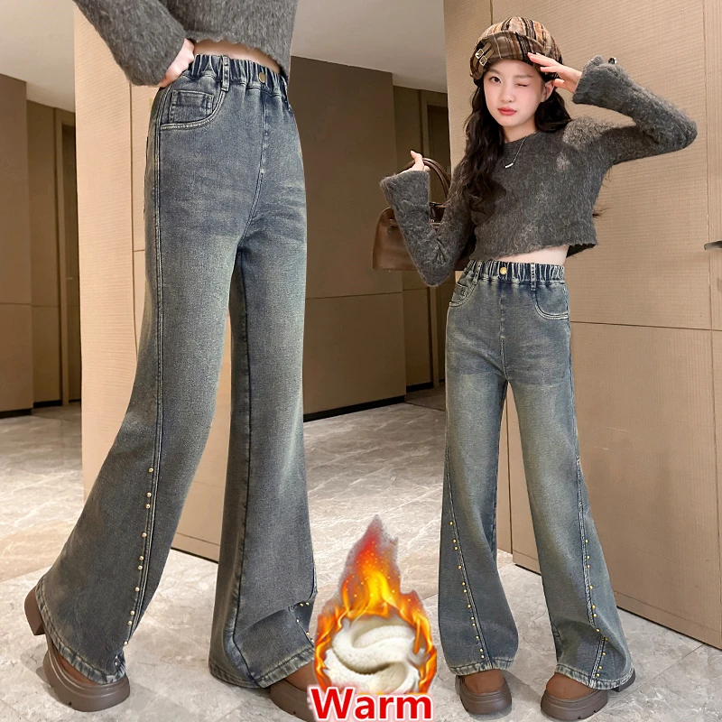 

Girls Winter Warm Bootcut Studded Jeans With Velvet Lined Elegant Kids Insulated Denim Pants Children Fashion Thermal Trousers