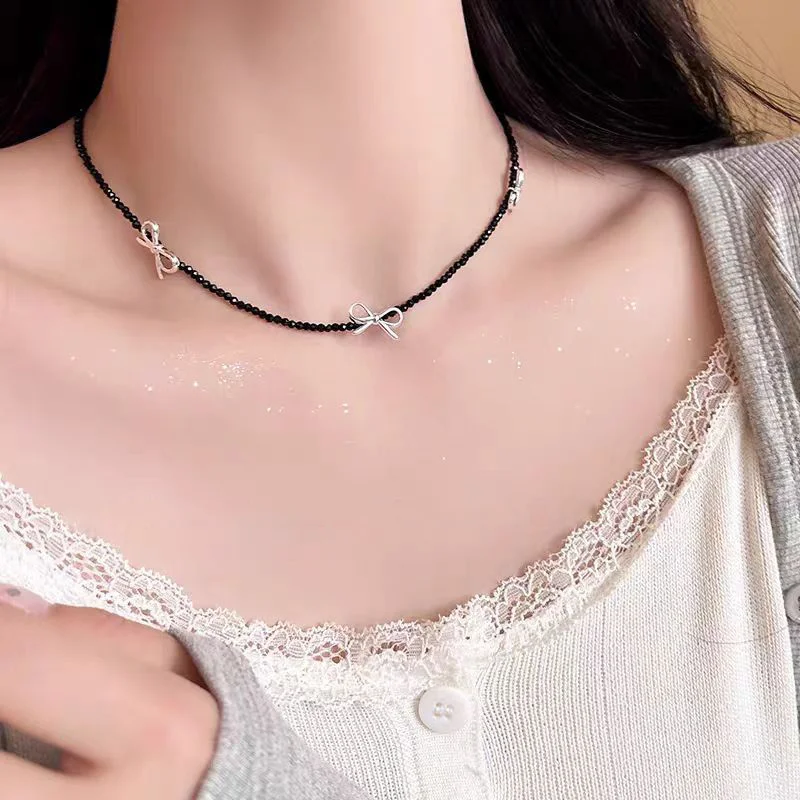 Collier de perles de cristal Y2K 216.239.pour filles, tour de cou à breloque nœud élégant, bijoux de cou JOWomen, cadeaux de fête