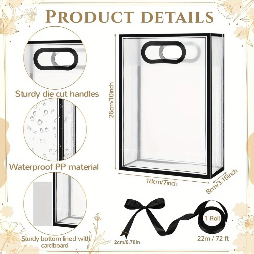 10Pcs Clear Plastic Gift Bag with Die Cut Handles Reusable PP Favor Bag with Ribbon for Wedding Bridal Birthday Party Goodies