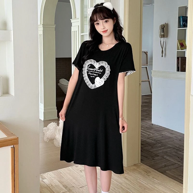 

2025 Summer Short Sleeve Modal Nightgowns for Women Korean Cute Lace Sleepwear Homewear Femme Nightdress Night Dress Home Nighty