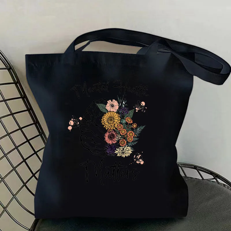 Mental Health Tote Bag Flower Canvas Shoulder Bag High Capacity Psychologist Stylish Therapist Gift