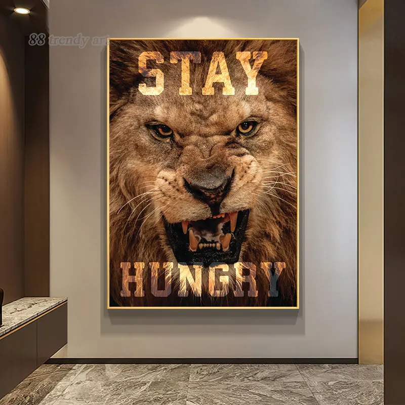 Animal Motivational Canvas Posters Tiger Lion Panther Wolf Pictures Stay Hungry ,Stay Focused Qoutes Wall Art Canvas Painting