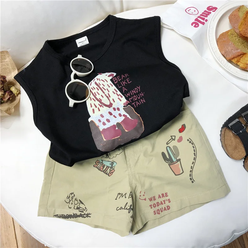 Summer Baby Boy Clothes Kid Girl Cartoon Bear Tank Shorts Suit Children Cotton Sleeveless T-shirt Top + Short Pants 2 Pieces Set