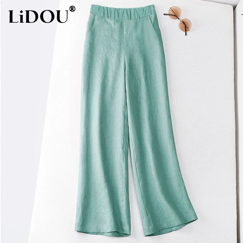 

Summer Autumn Korean Solid Color Casual Linen Lady Wide Leg Trousers High Waist Loose Aesthetic Vintage Straight-leg Pants Women