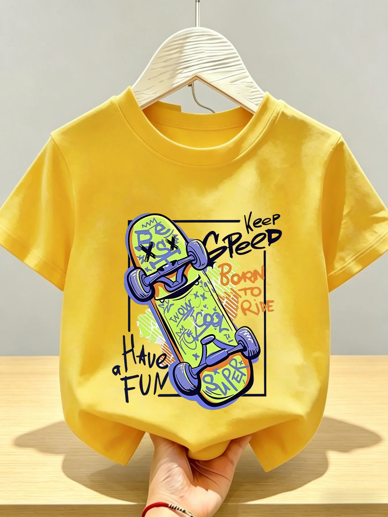 Kids Short Sleeve Tee Graffiti Graphic Keep Speed Born To Ride Print Cotton Tops Boys Street Style Daily Wear Gift For Child