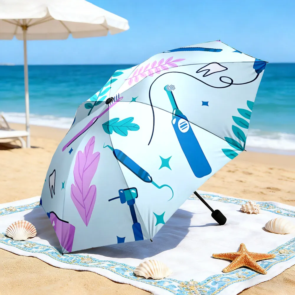1PC Lake Picnic Decorated with Dental-Themed Umbrella Print 8 Iron Ribs Folding Umbrella Auto-Open Fashion Sunshade
