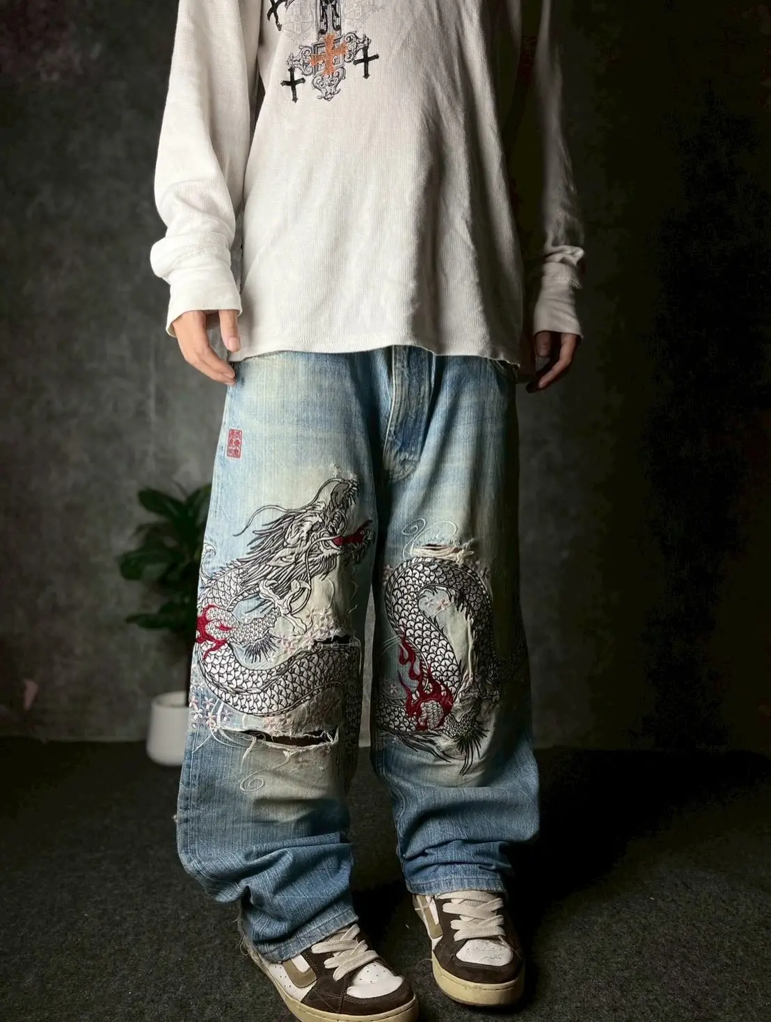 

Женские брюки De Mujer, винтажные потертые джинсы с драконом Сакурой и цветочным принтом на талии, широкие джинсы, уличная мода, повседневные джинсы