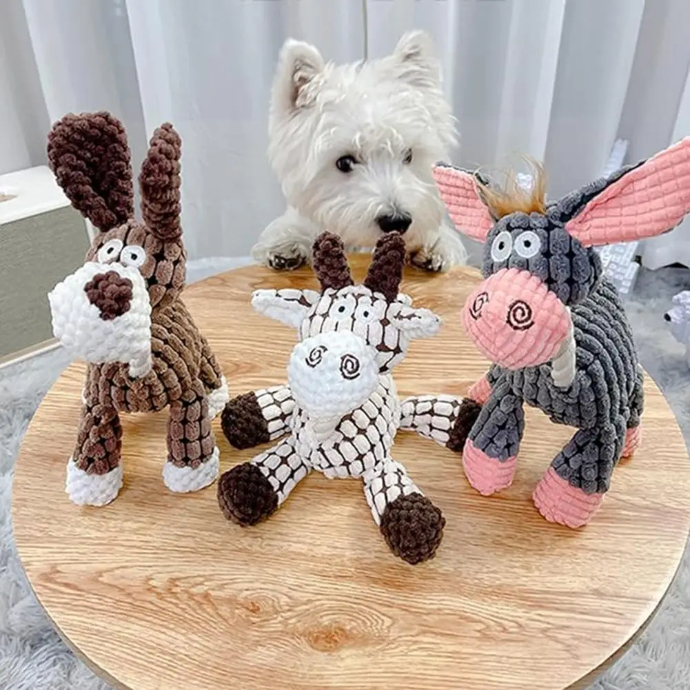 Donkey Shape Dog Chew Toy Plush Squeaky Dog Toy Chewers Interactive Stuffed Teething Toy for Small Medium Dogs Pet Training