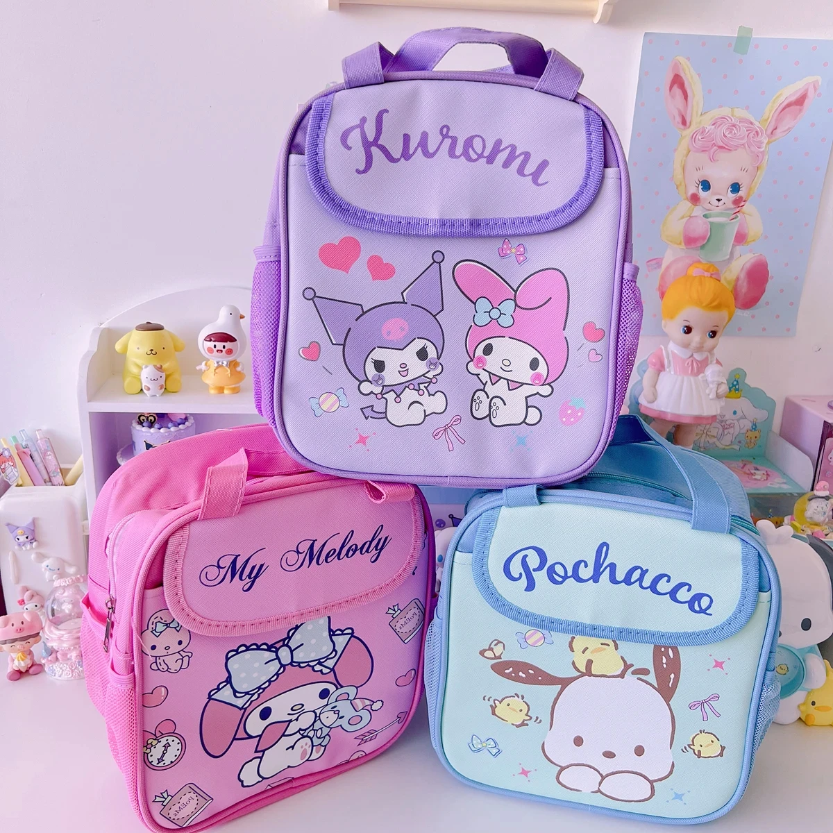 Portable Sanrio Lunch Bag Kuromi Cinnamoroll My Melody Travel Thermal Breakfast Box School Child Large Capacity Tote Food Bag