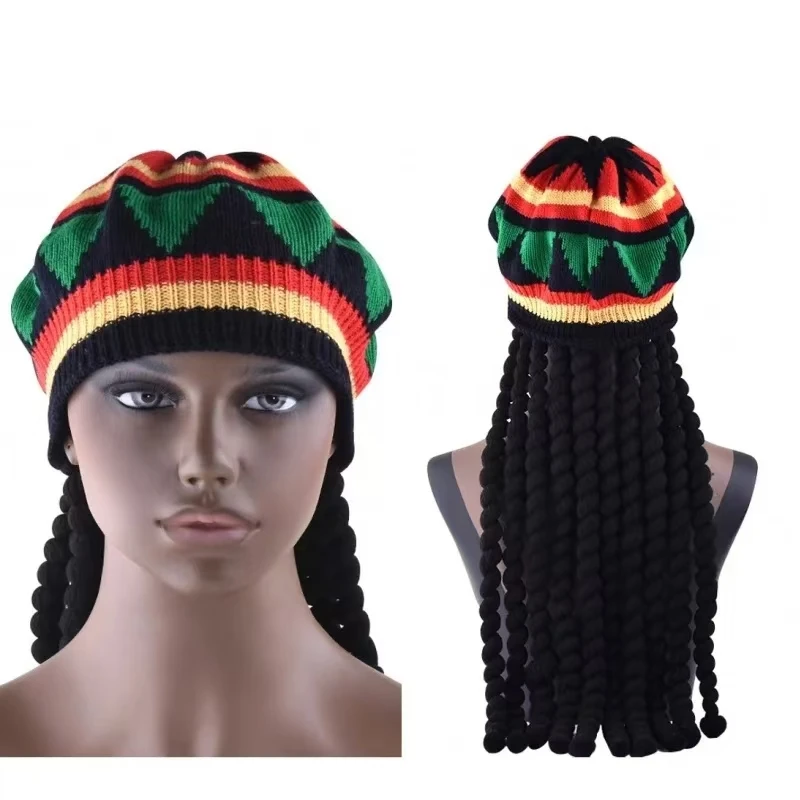 New Unisex Knitted Braid Hat Jamaican Bob Rasta Beanie Hats Hip Hop Cap Dreadlocks Wig Bob Marley Caribbean Fancy Dress Hat