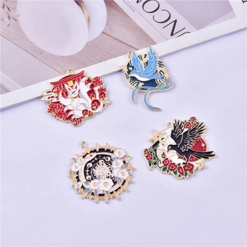 10pcs/pack Big Size Sun Fox Bird  Round  Enamel Metal Charms Pendant Jewelry Making Craft DIY