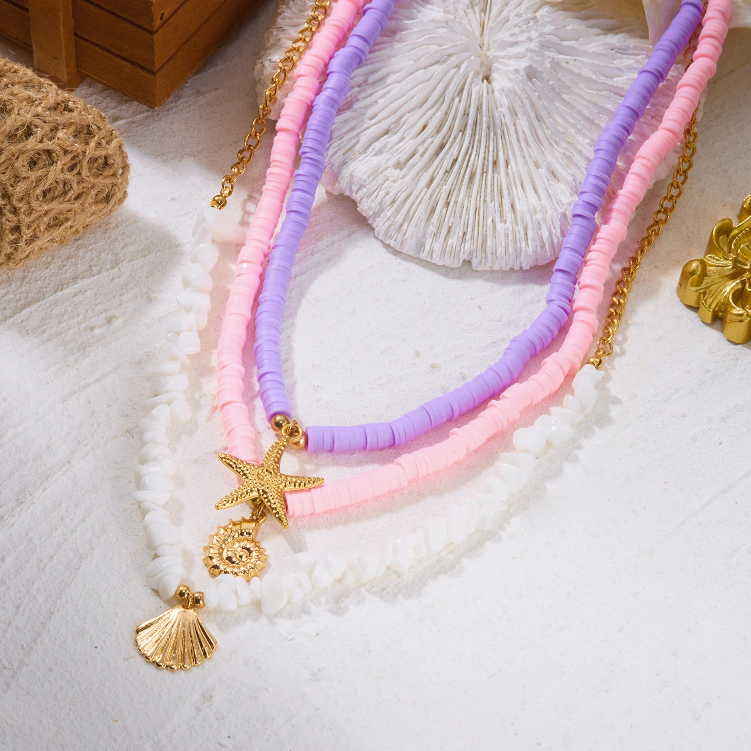 3-teiliges Set Bunte Unregelmäßige Kieselstein-Seestern-Anhänger Halsketten für Frauen Mehrschichtige Muschel-Halsketten Sommer-Strandschmuck – Detail 5
