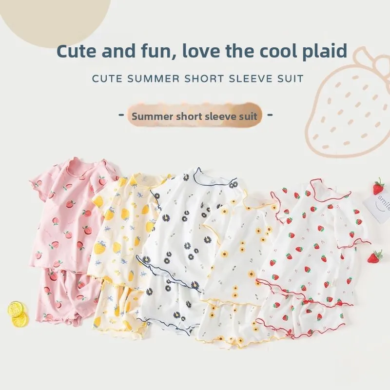 2026 Baby Girl Strawberry Pajamas Set Summer Short Sleeve Thin Two Piece Toddler Kids Sleepwear Infant Home Wear Clothes