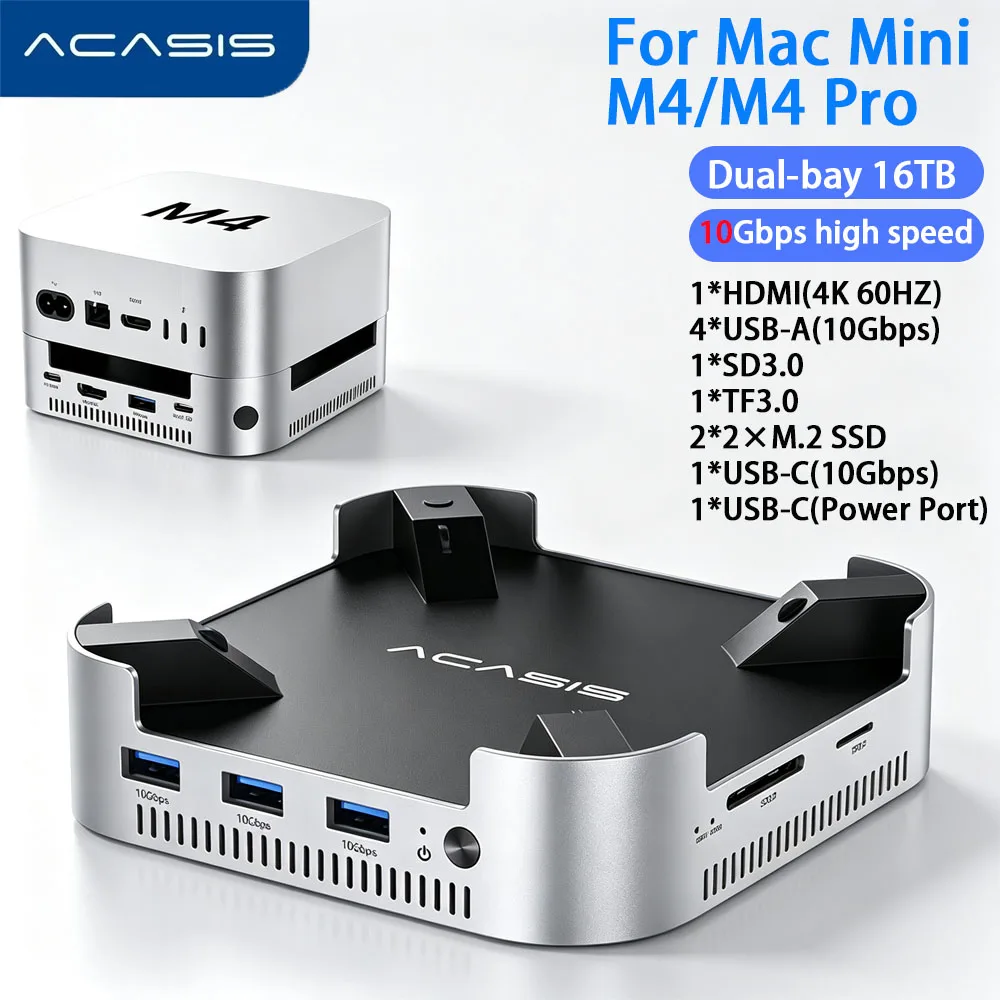 Acasis 10Gpbs Mac Mini Docking Station Dual-bay M.2 NVMe SSD Enclosure USB C Hub HDMI SD&TF USB-A Splitter For Mac Mini M4 Pro
