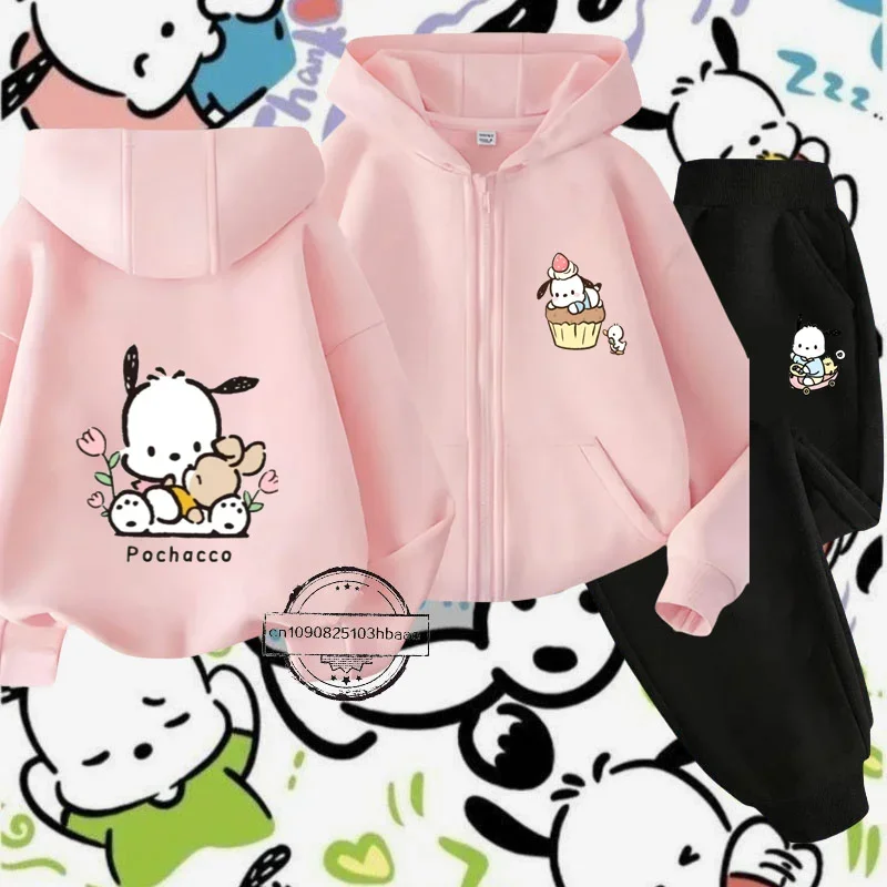 Pochacco Sanrio cartoon anime printed children's hoodie set Boys girls Harajuku casual zipper shirt Autumn and winter top