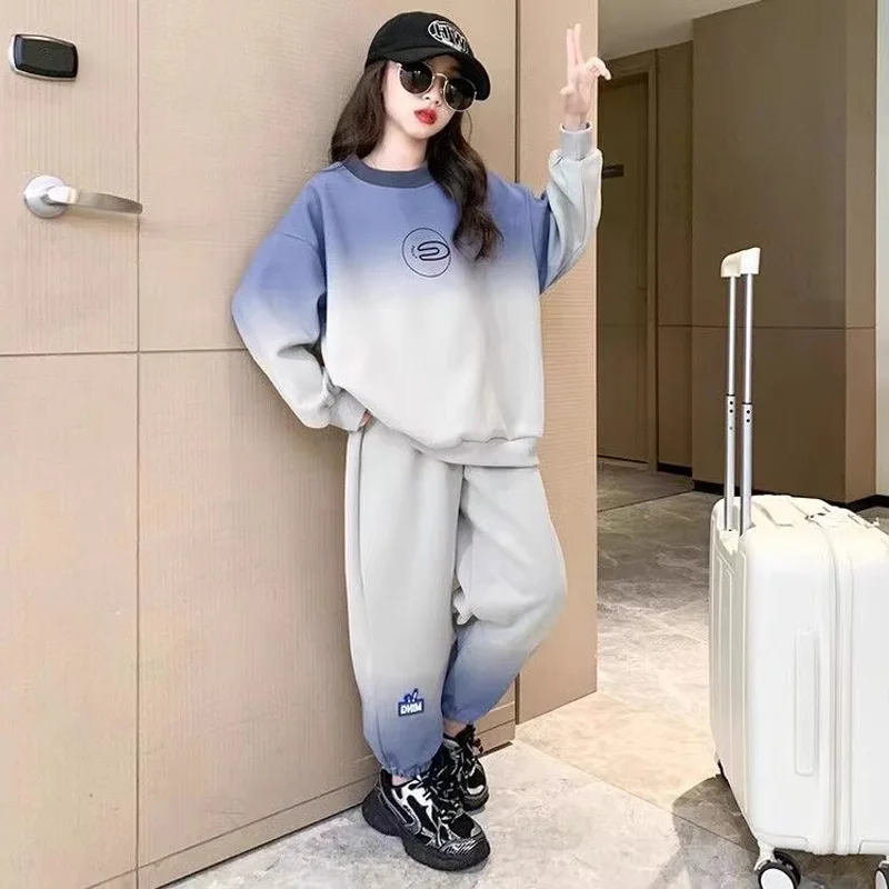 Spring Teenage Boy Girl Clothes Set Children Sports Gradient Sweatshirt Pullover Top and Pants Bottom 2pcs Suit Cotton Tracksuit