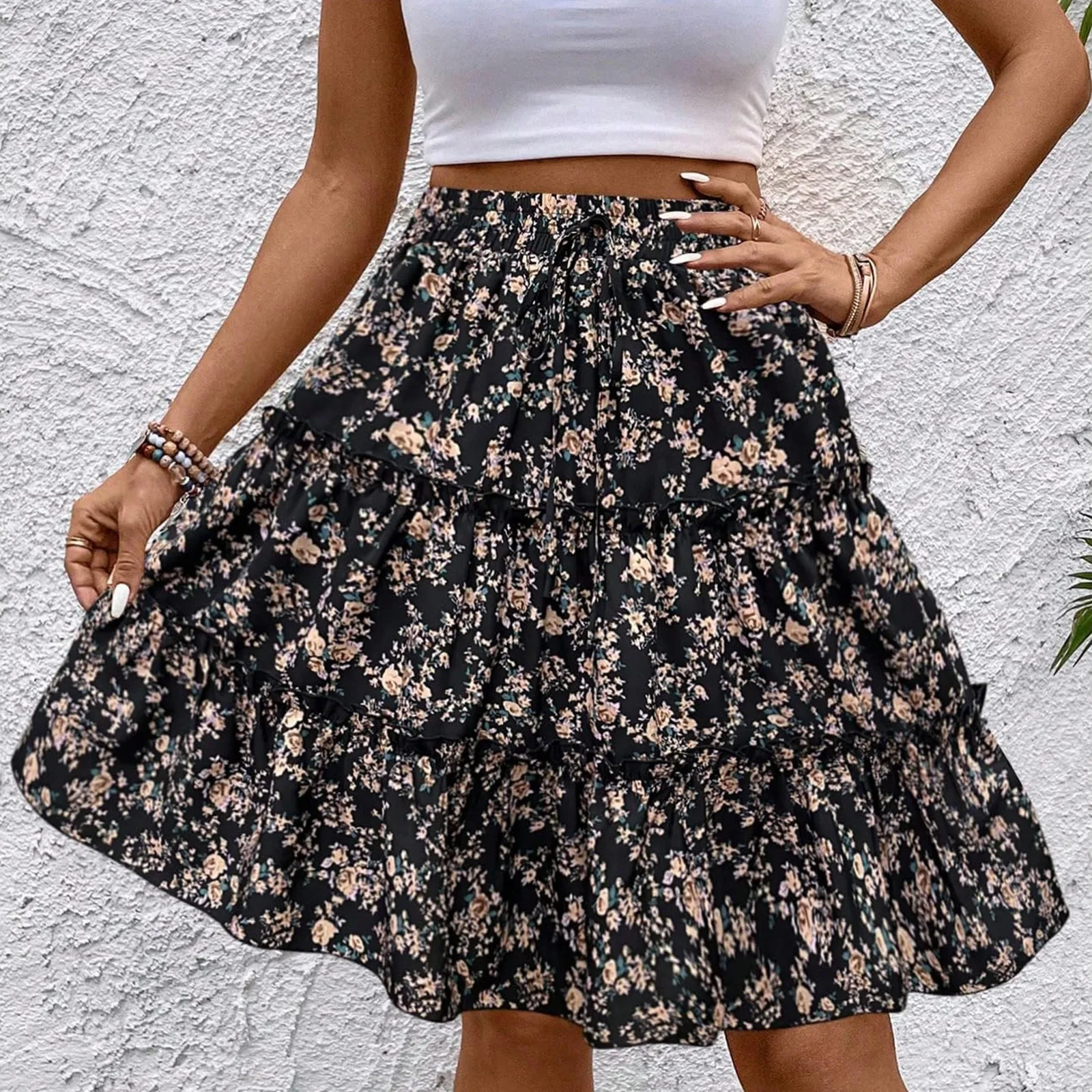Women's Spliced ​​Cake Skirt Fashionable Floral Print Elastic Waist Strap Versatile Casual Skirts Comfortable knee-length skirt