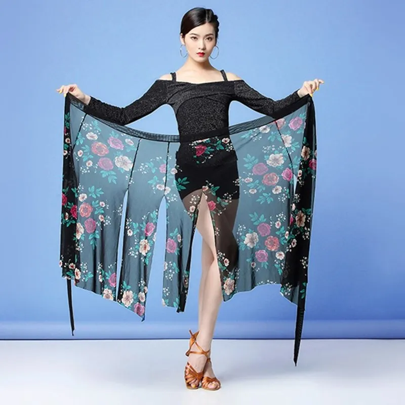 Ballroom Latin Dance Skirt Tango Slasa  Wrap Belt Dancer Practice Performance Hip Scarf Colorful Floral Print Mesh Skirt Sexy