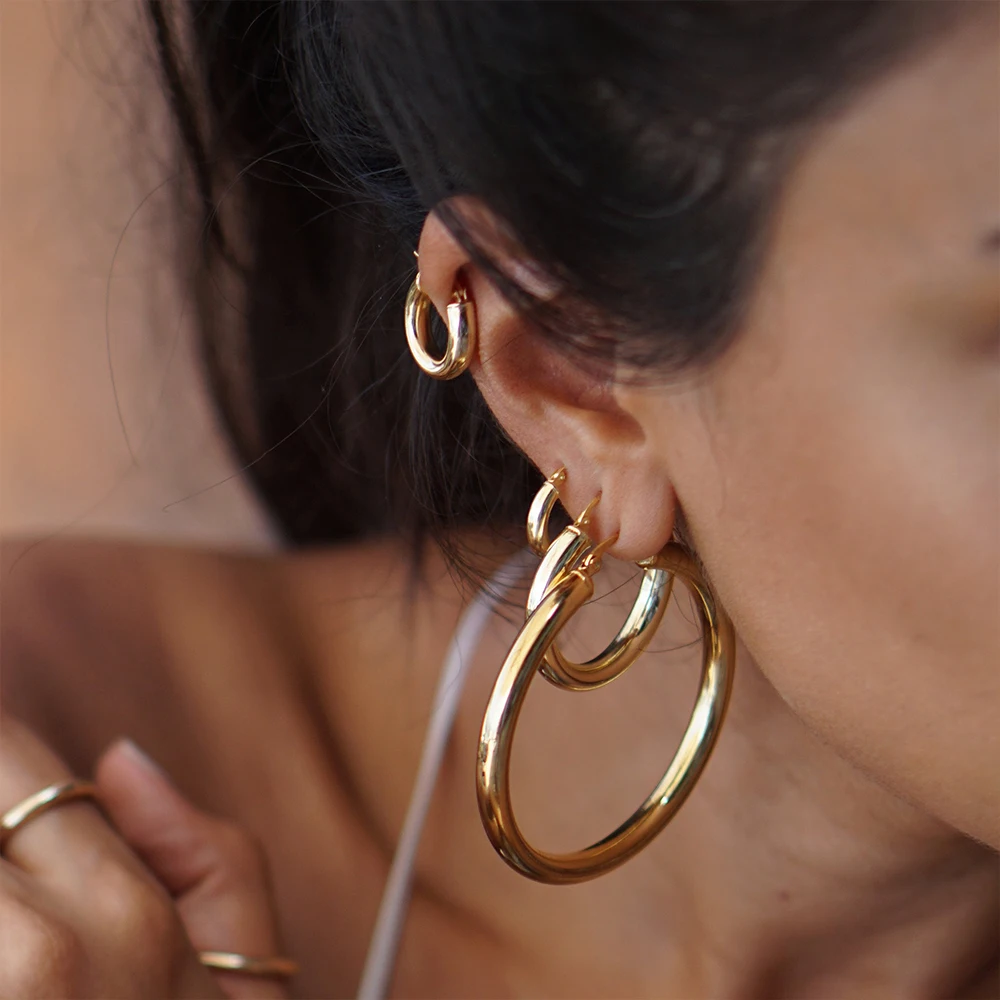 eManco Stainless Steel Earring Buckles Women Fashion Gold Color Large Circle Hoop Earrings Jewelry Accessories 24/30/50MM