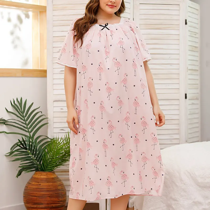 U-Neck Lace Short Sleeved Nightdress Women's Printed Casual Home Clothes Spring Autumn 4XL Nightgown Intimate Lingerie Sleepwear image 4