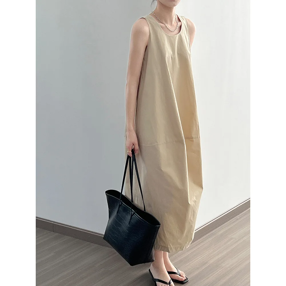 Women clothing French simple temperament Elegant sleeveless dress 2024 summer girls solid color retro loose mid length skirt