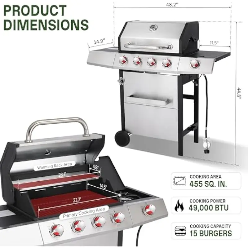 Gas Charcoal Hybrid Grill Featuring 4 Stainless Burners 40000 BTU Plus 9000 BTU Side Cooktop Porcelain Coated Cast Iron Grates D