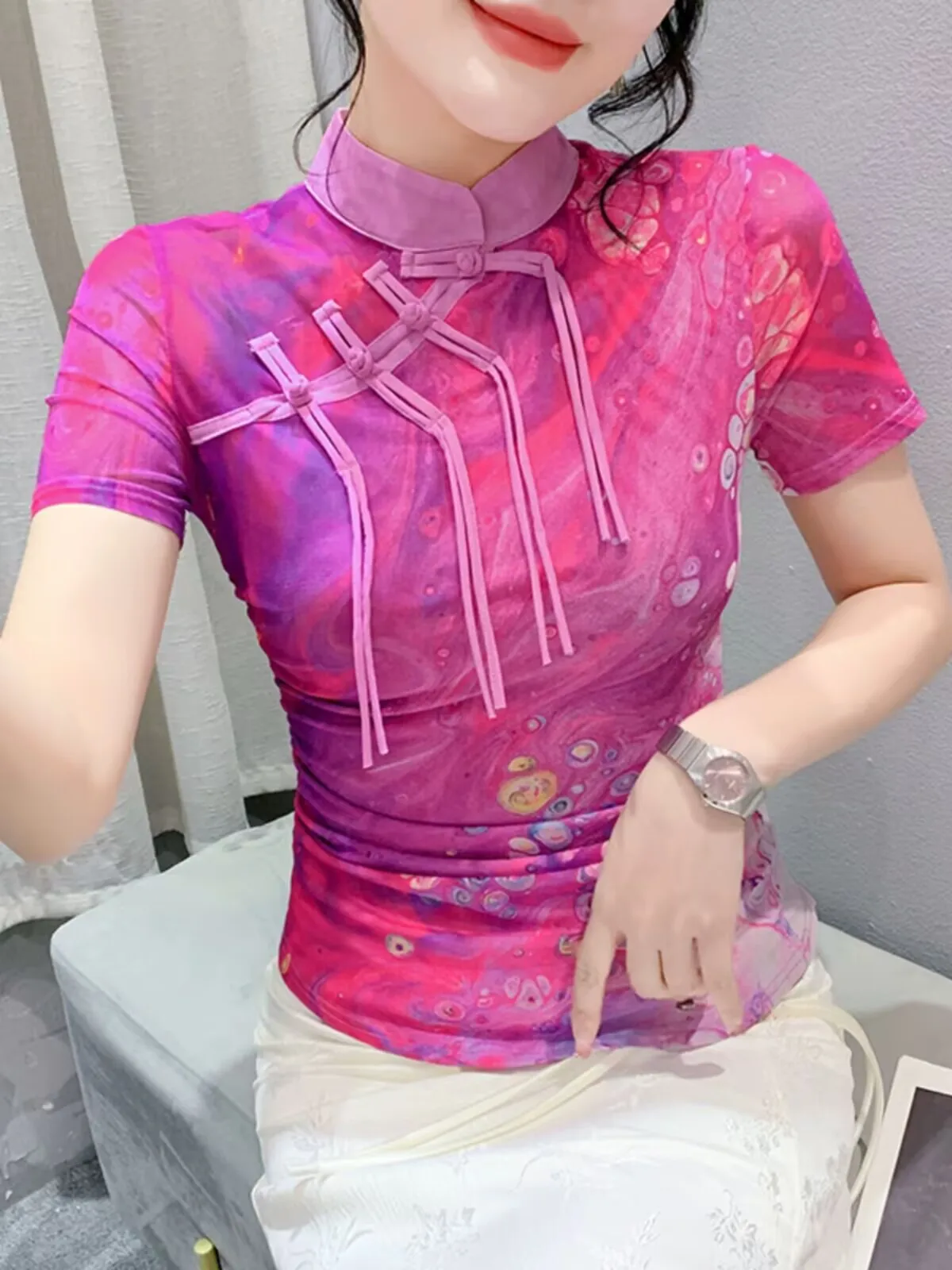 2024 New Chinese Style Female T-shirt Summer Printed Striped Stand Collar Woman S-3XL Short Sleeves Pink High Quality Mesh Fairy