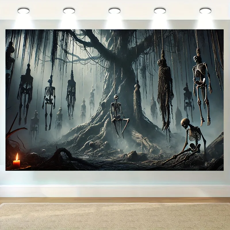 1. Ein riesiges Halloween-Partybanner mit einem Skelettbaum-Hintergrund und hängenden Skelettfiguren.