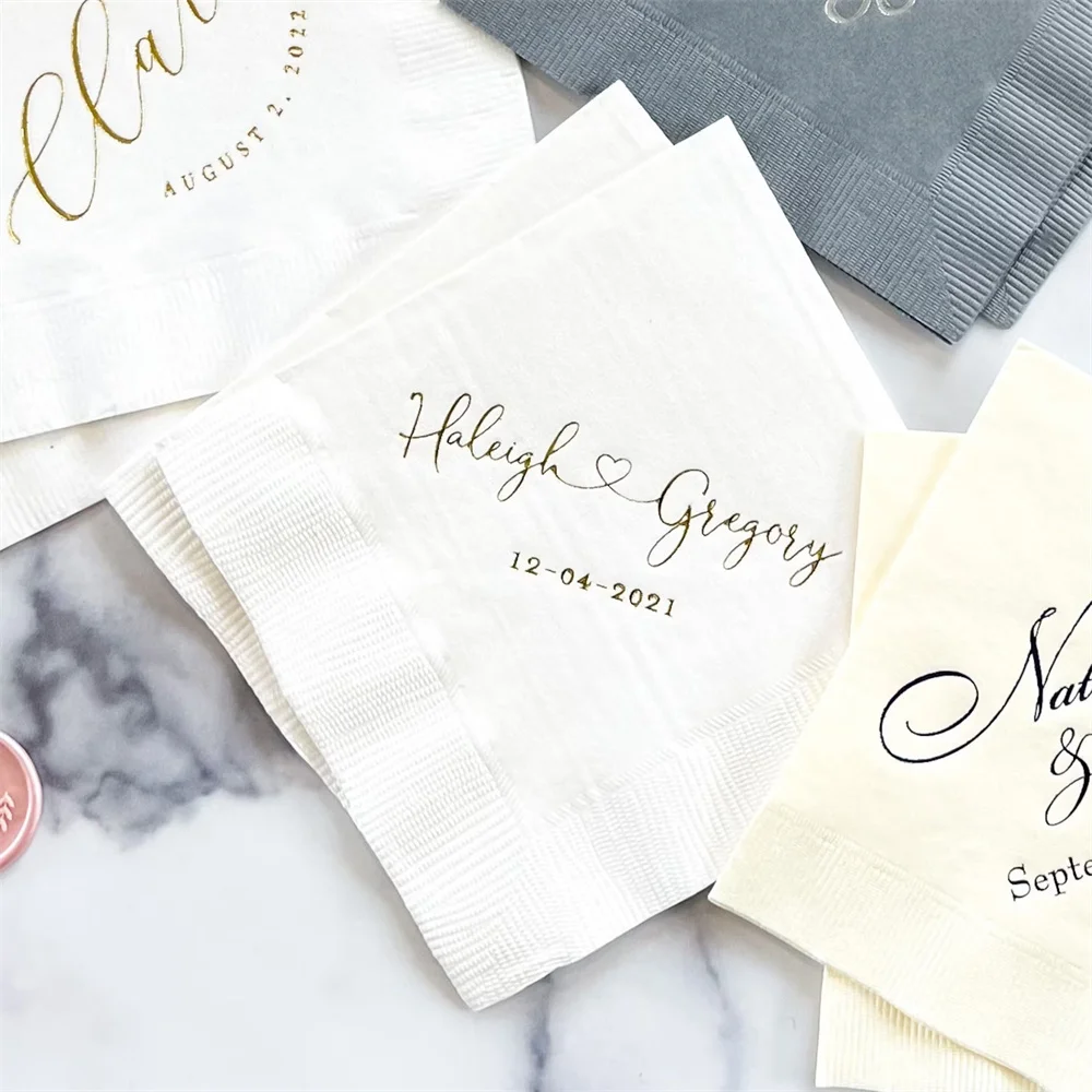 

50PCS Personalized Wedding Napkins, Names with Heart Rehearsal Dinner, Engagement Party, Custom Bar Napkins, Custom Wedding Napk