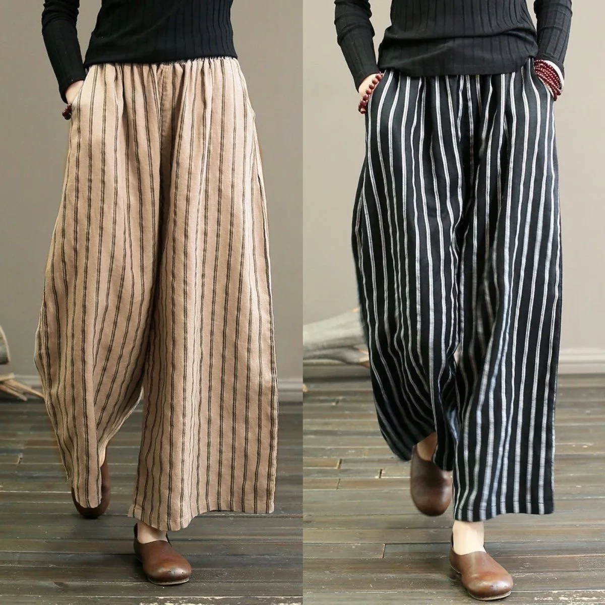 

Vintage Striped Wide Trousers for Women 2023 Autumn High Waist Straight Capri Pants with Print 4XL Cotton Linen Slim Home Pants