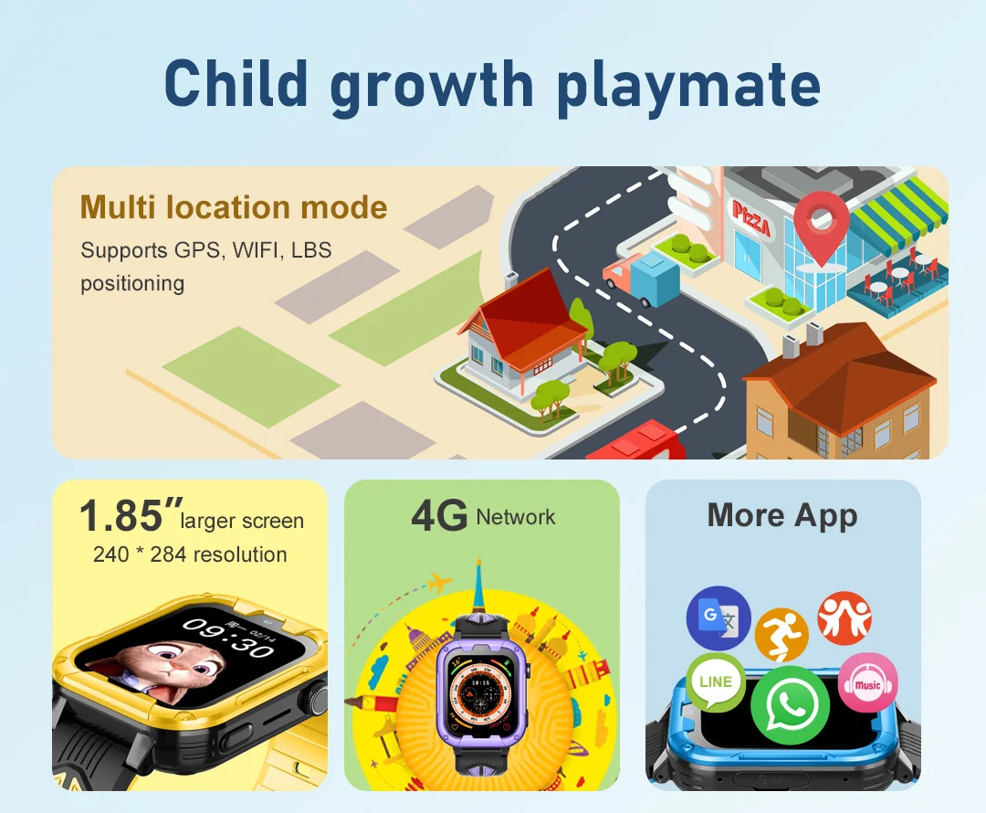 Wonlex Kid 4G Smart Watch GPS WiFi Localizzazione Monitor Tracker 1.85 ''Schermo IPS KT32 1 + 8GB Videochiamata WhatsApp Bambini Smartwatch