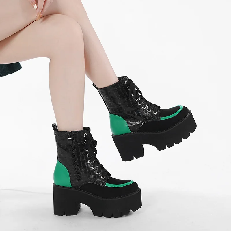 

Color matching new serpentine embossed women's shoes with thick soles waterproof platform women's shoes thick heels ankle boots