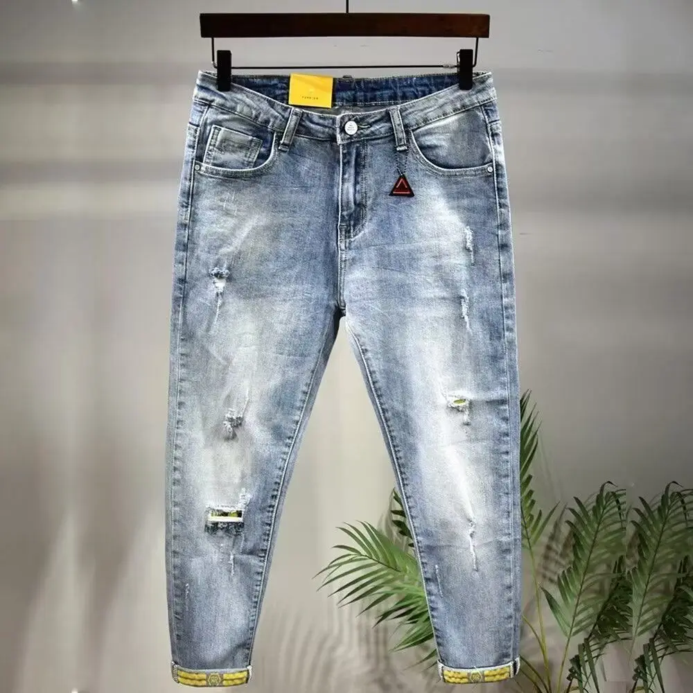 High-end Ripped Hole Jeans Men's Trendy Brand 2025 New Spring Patch Slim-fitting Small Foot Patch Elastic Pants mens Trousers