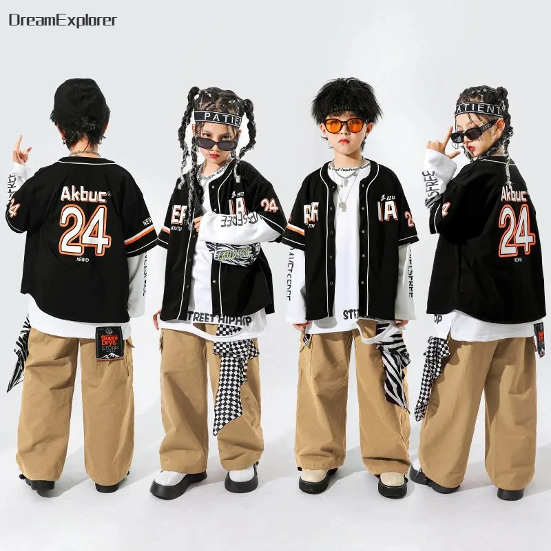 Children Hip Hop Baseball Jacket Cargo Joggers Pants Boys Girls Street Dance Cool Coat Streetwear Clothes Set Kids Jazz Costumes