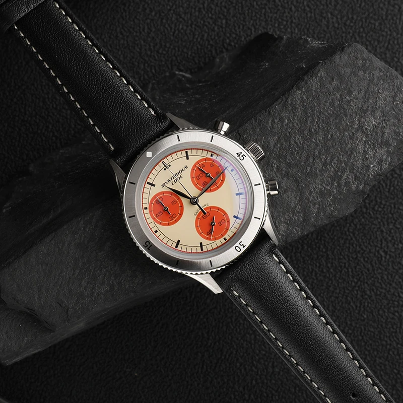 Men Japanese Quartz Chronograph Vk64 Aviation Stainless Steel Case Genuine Leather Strap 5atm Water Resistance 37mm Large Dial