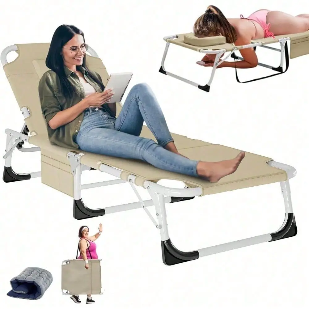 

Chaise Lounge Chair With Mattress, 5 Position Beach Chair With Face Hole, Patio Chaise Lounge Chairs For Outside, Sunbathing, C