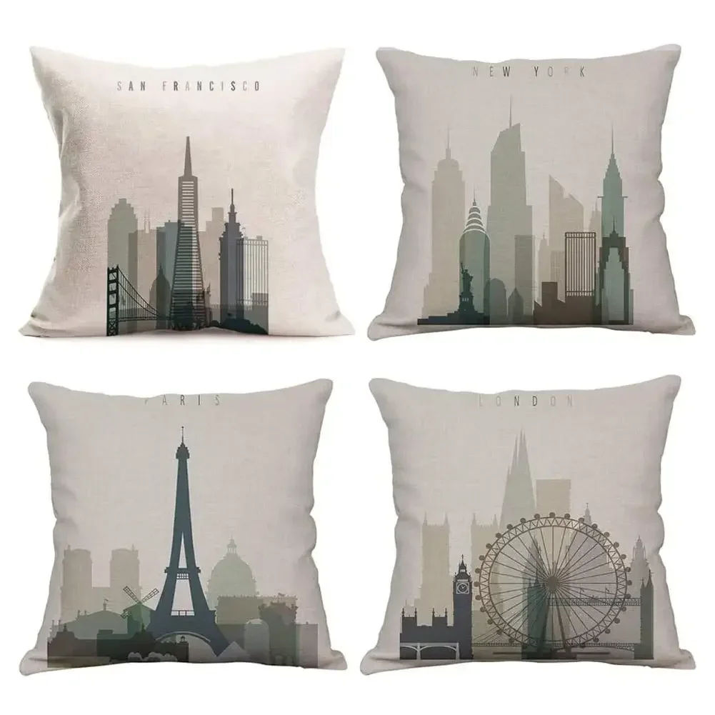 

Urban architecture Eiffel Tower Ferris wheel linen pillowcase sofa cushion cover home decoration can be customized for you 40x40