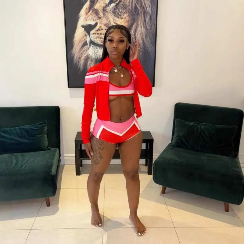 

Rainbow Color Women Bikini 3 Piece Set Zipper Fly Crop Coat Mini Shorts Matching Set 2025 Summer Vacation Beach Bathing Suit