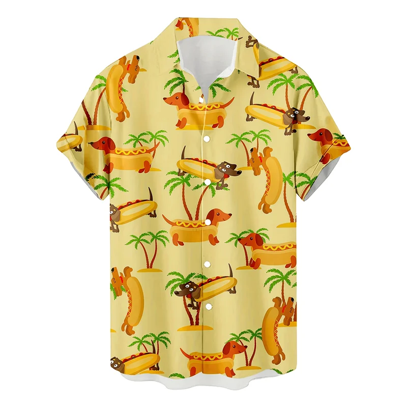 Koszula hawajska męska z nadrukiem 3D zwierząt, kota, psa, świnki, krótki rękaw, nowy wzór, letnia koszula plażowa z kołnierzykiem i guzikami