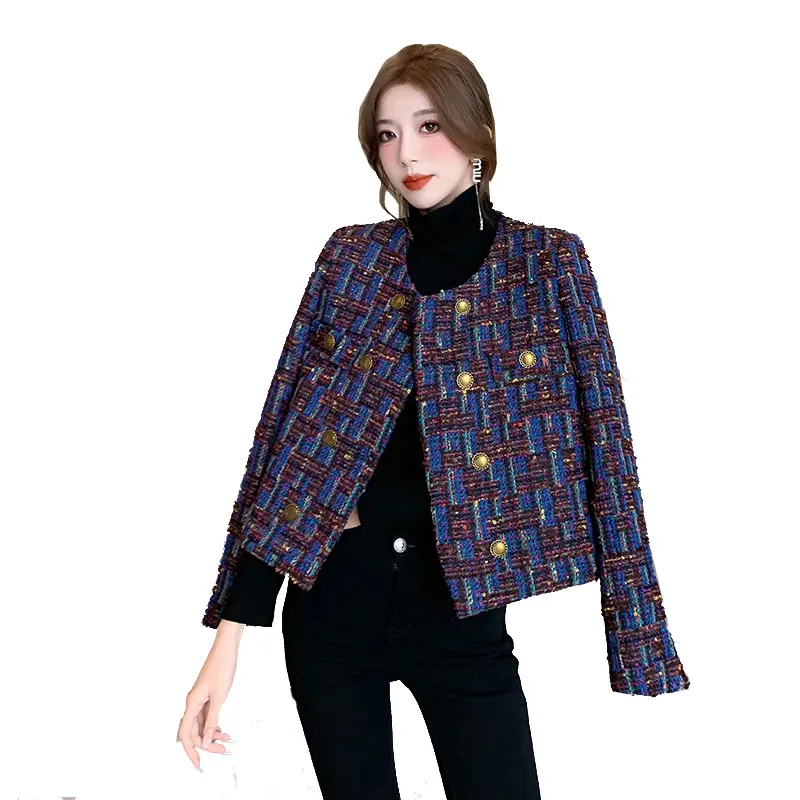 

Women's tweed double breasted jacket 2024 autumn and winter new contrasting color fashionable small fragrance top