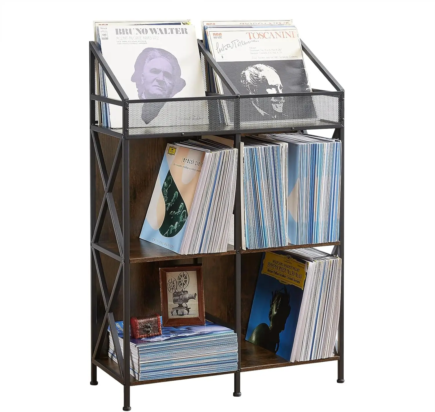 6 Grid Vinyl Record Storage Holder Rack, Wooden Record Display Table for Magazines Files Albums Books for Living Room Bedroom